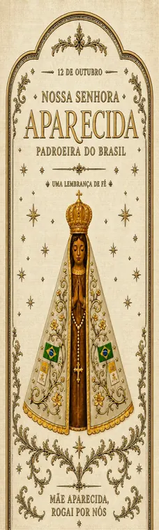 Marcador de página marfim e dourado de Nossa Senhora Aparecida