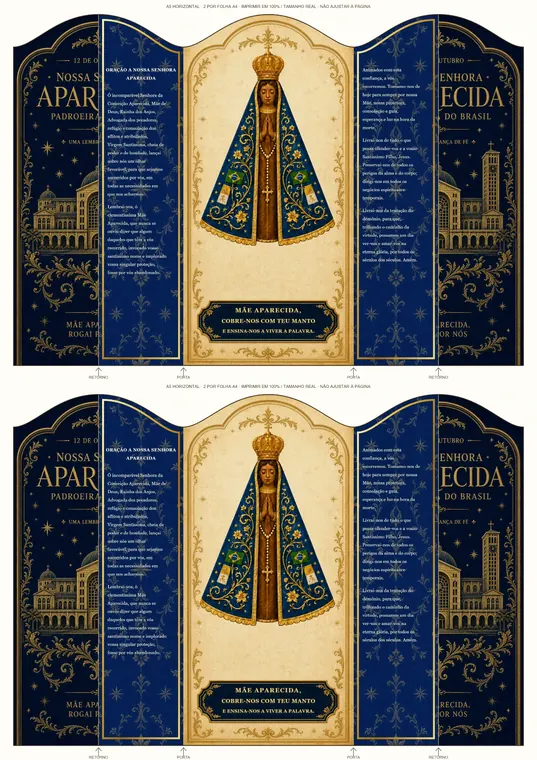 Folha A4 com dois oratórios A5 em azul e dourado